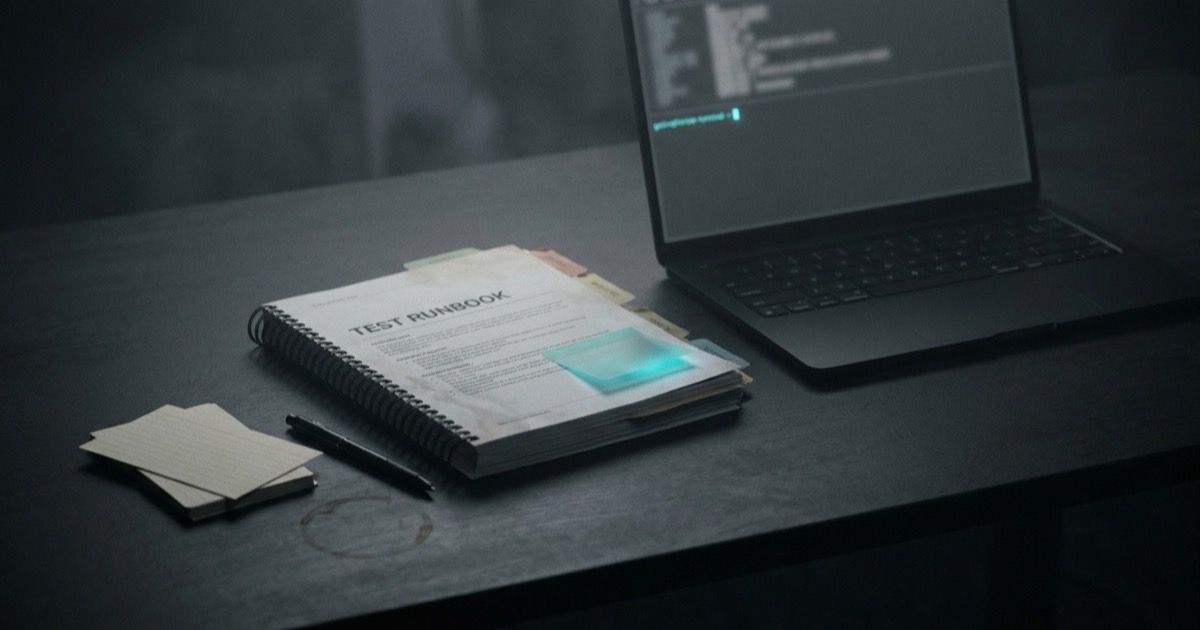 A printed test runbook with colored index tabs and a glowing teal sticky note on a dark desk beside a laptop showing a dim terminal.