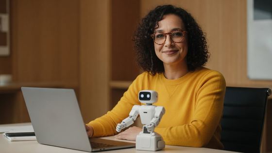 Base render: creator smiling calmly at her desk with a robot arm