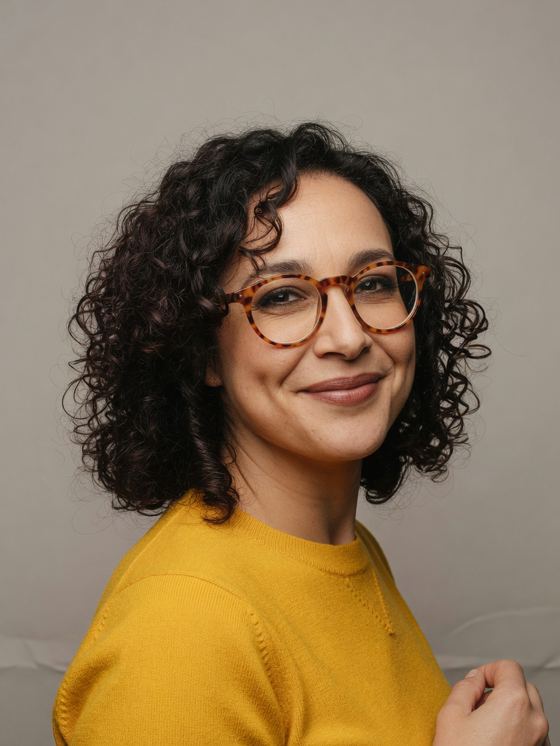 The reference portrait: a woman with dark curls, tortoiseshell glasses, mustard sweater