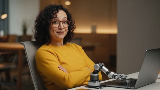 Creator leans back with arms crossed while a small robot arm types on her laptop