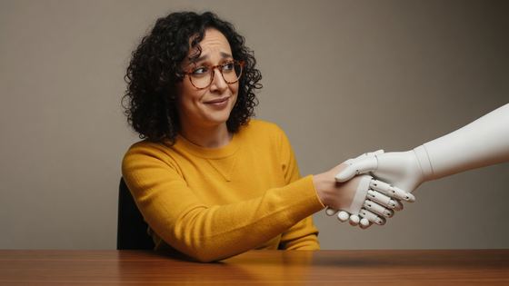 Creator shakes a white robotic hand while eyeing the camera with suspicion