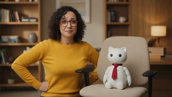 A small robot wearing a tie sits in the creator's office chair while she stands with hands on hips