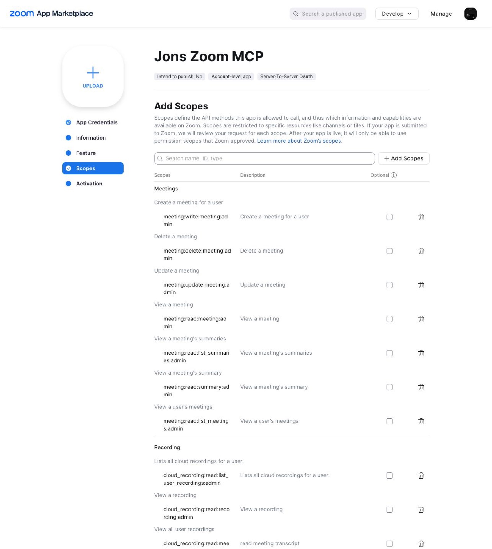 Zoom App Marketplace scopes page showing where granular meeting and recording scopes are added