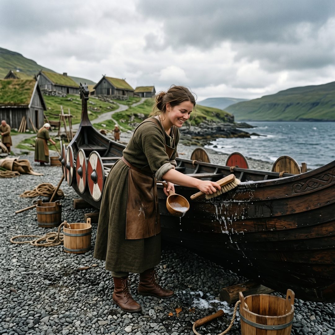 An LEJ girl scrubbing a Viking longship, 1000 AD.