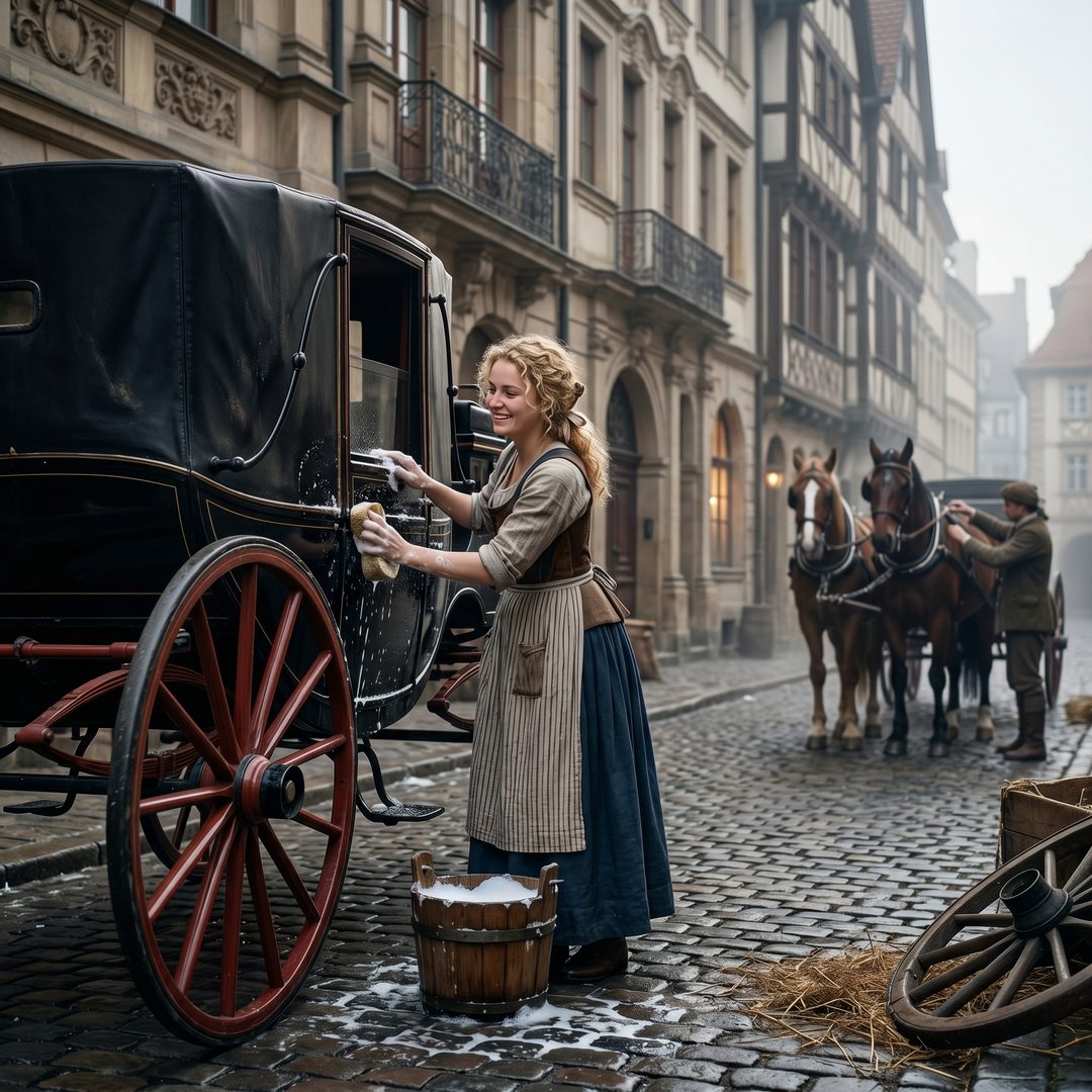 An LEJ girl washing a lacquered stagecoach on a Baroque street, 1700.