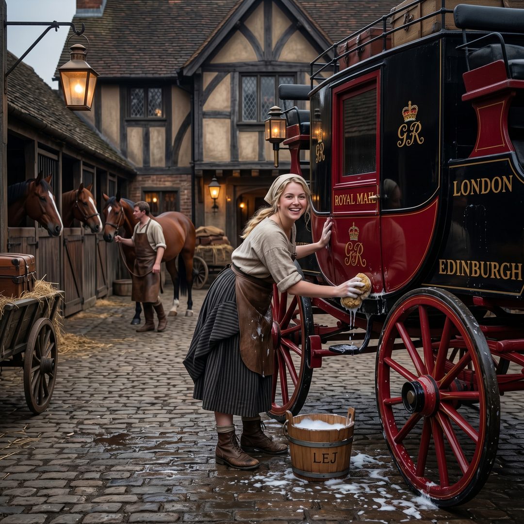An LEJ girl washing a red-wheeled mail coach in an inn yard, 1810.
