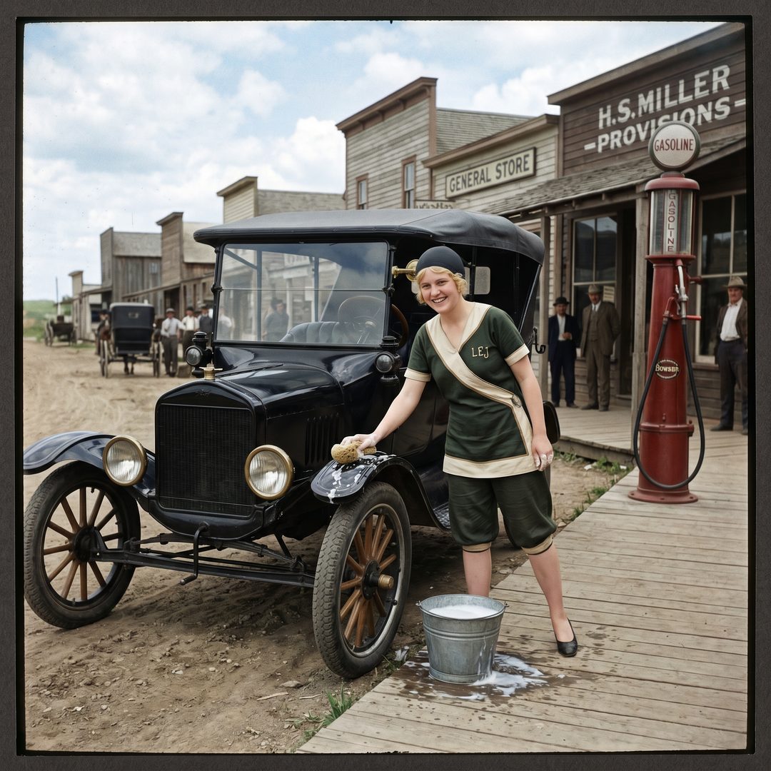 An LEJ girl washing a Ford Model T on Main Street, 1910.
