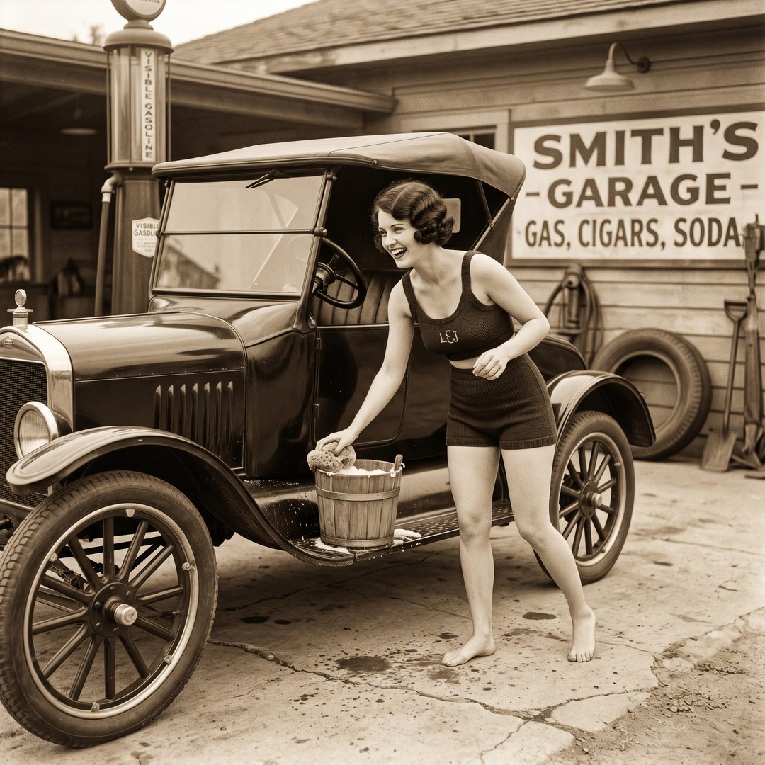 An LEJ girl washing a 1920s roadster at a filling station, 1920.
