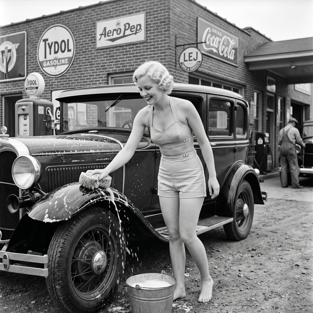 An LEJ girl washing a 1930s sedan at a filling station, 1930.