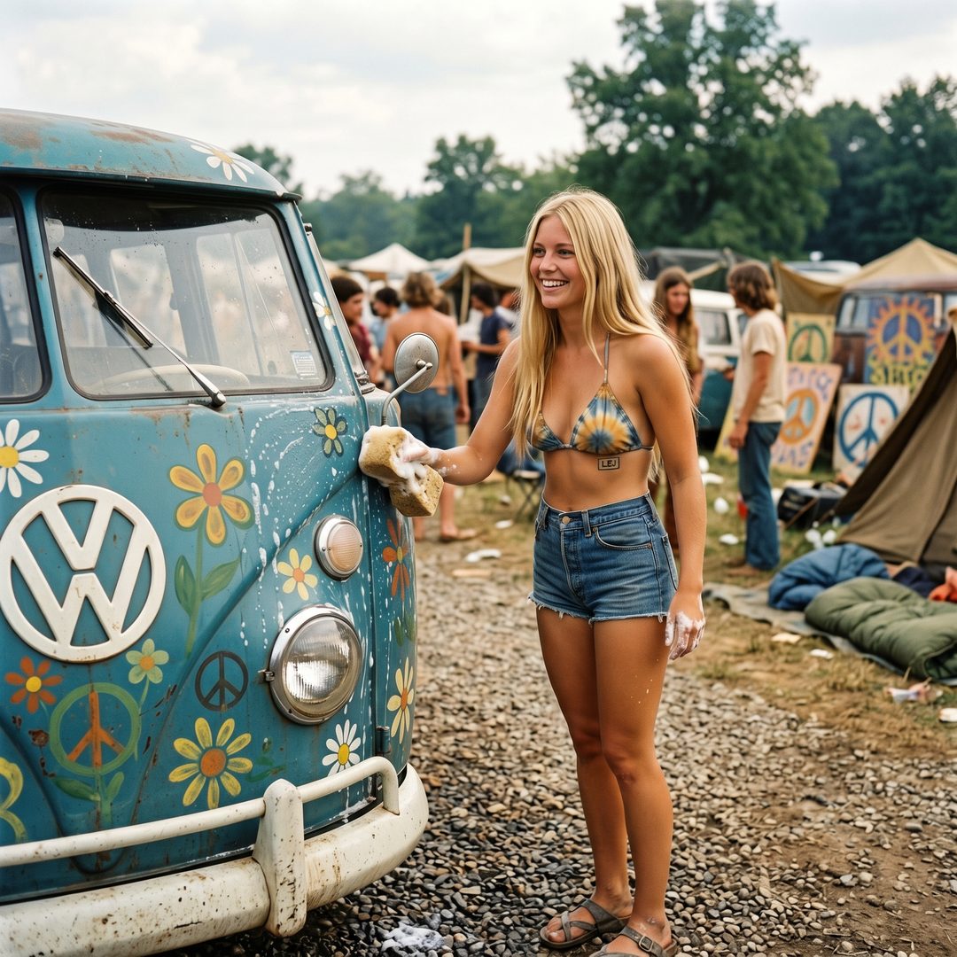 An LEJ girl washing a flower-painted VW bus, 1969.
