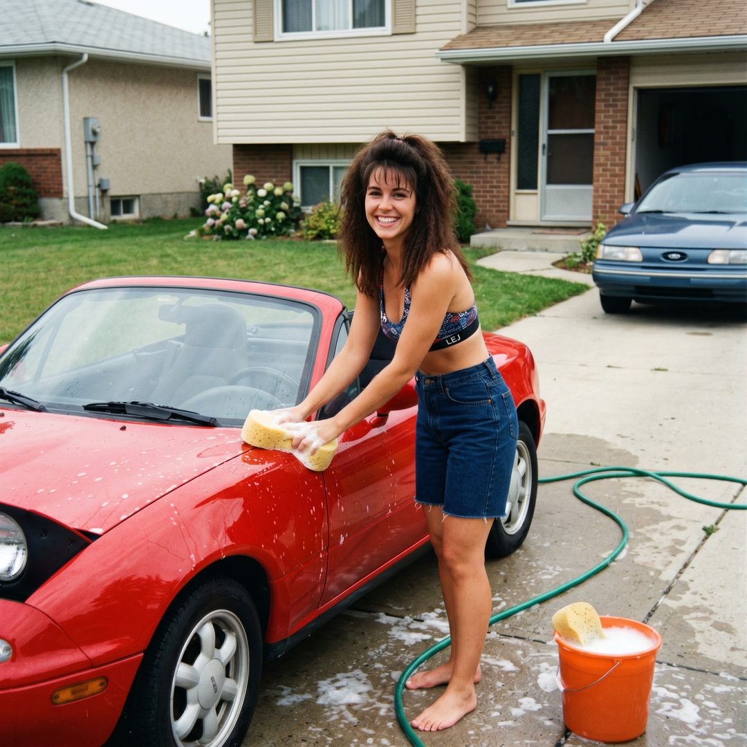 An LEJ girl washing a red Mazda Miata, 1993.