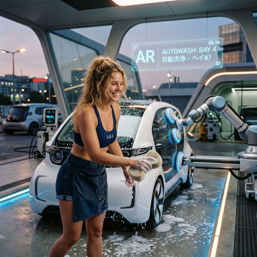 An LEJ girl supervising a robotic car wash pod, 2035.