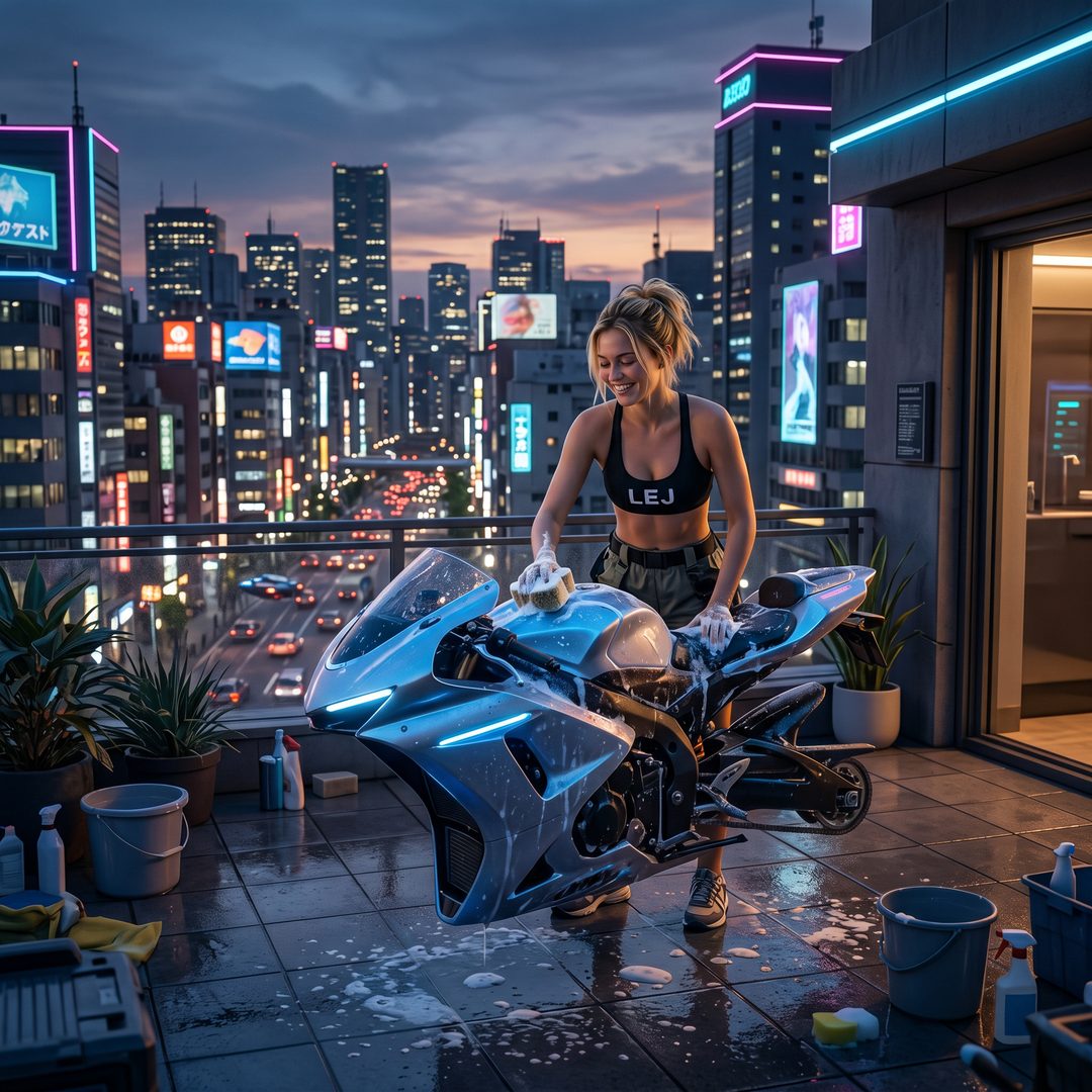 An LEJ girl washing a hover-bike on a Tokyo rooftop, 2065.