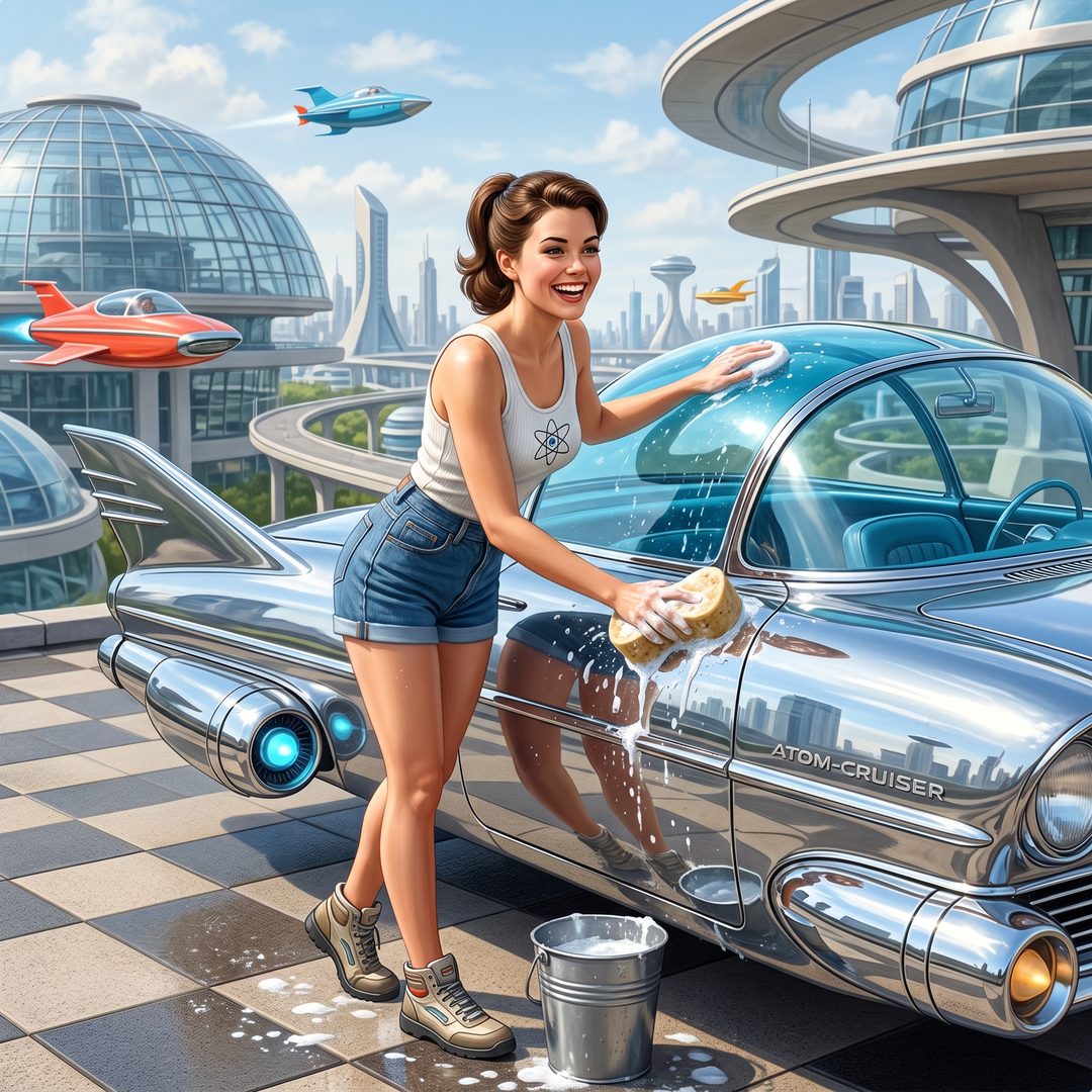 An LEJ girl polishing a chrome bubble-canopy flying car, 2090.