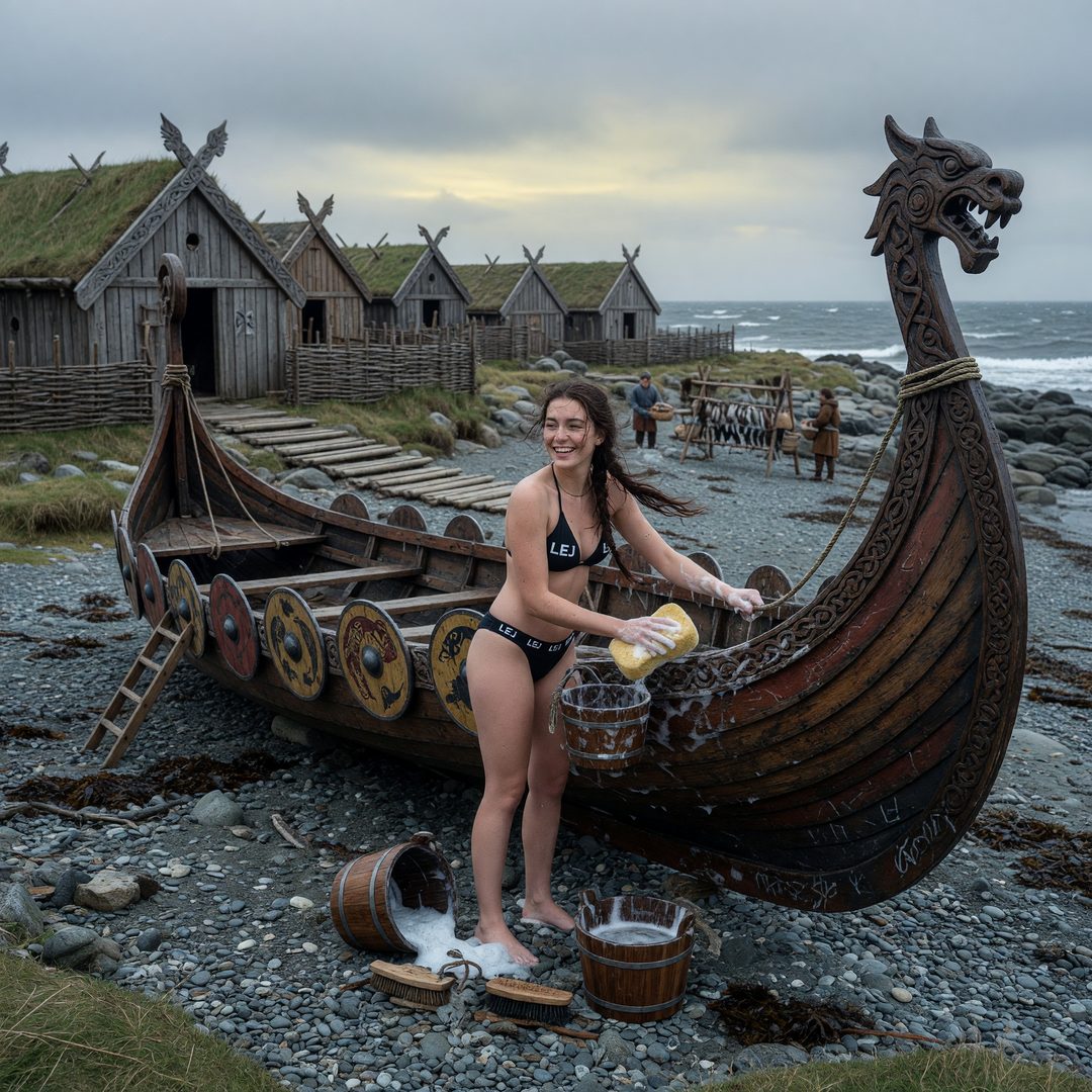 An LEJ girl scrubbing a Viking longship, 1000 AD.