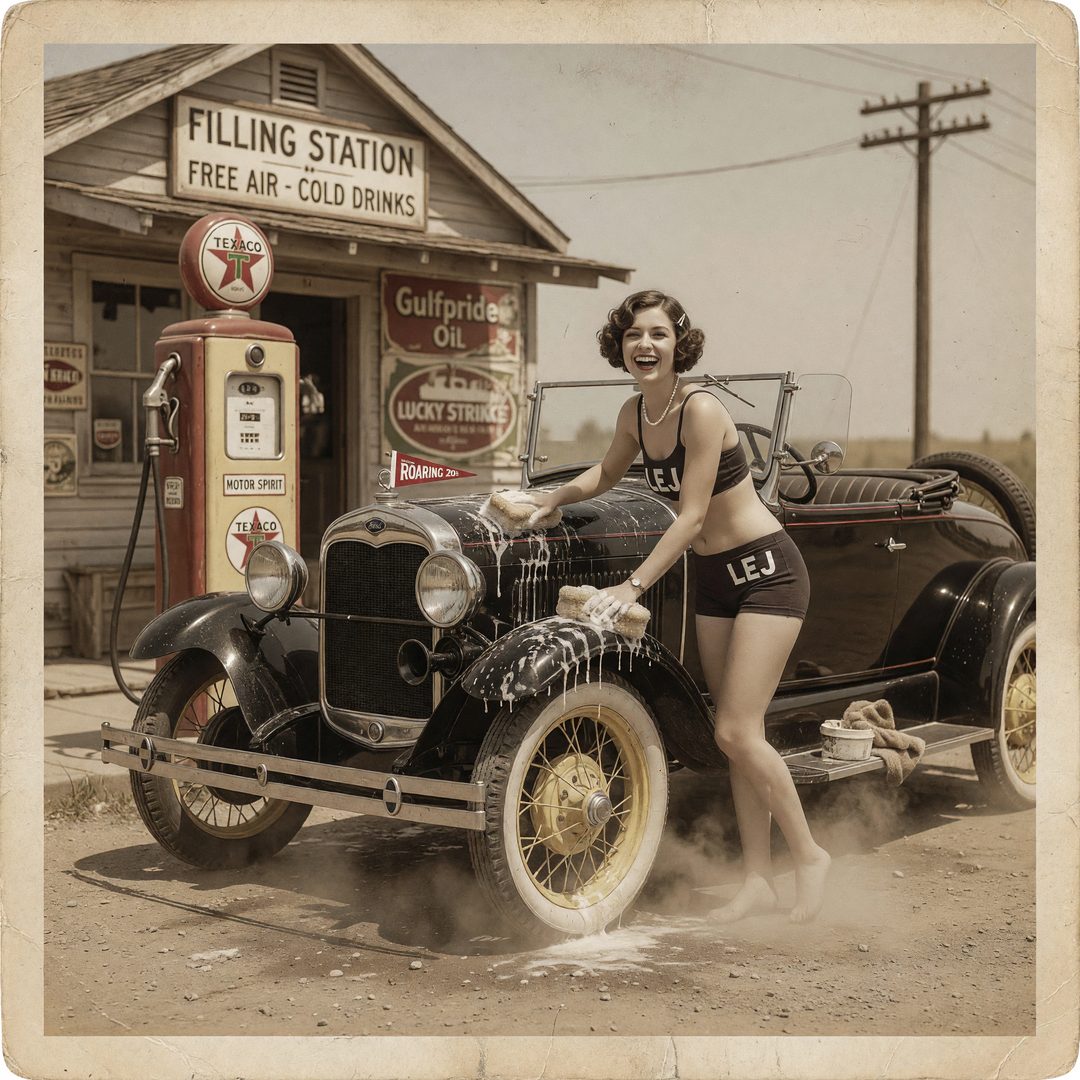 An LEJ girl washing a 1920s roadster at a filling station, 1920.
