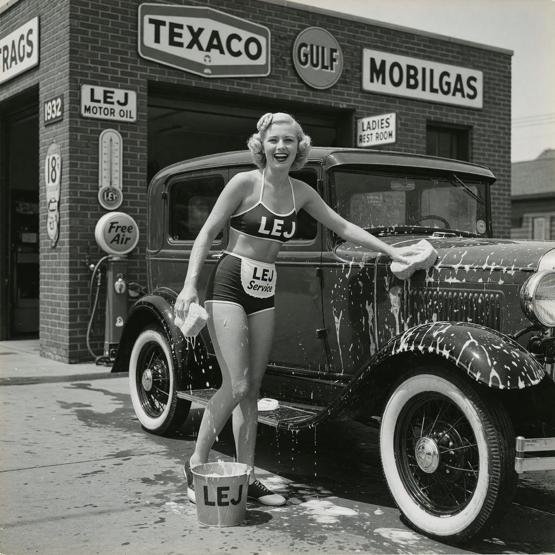 An LEJ girl washing a 1930s sedan at a filling station, 1930.