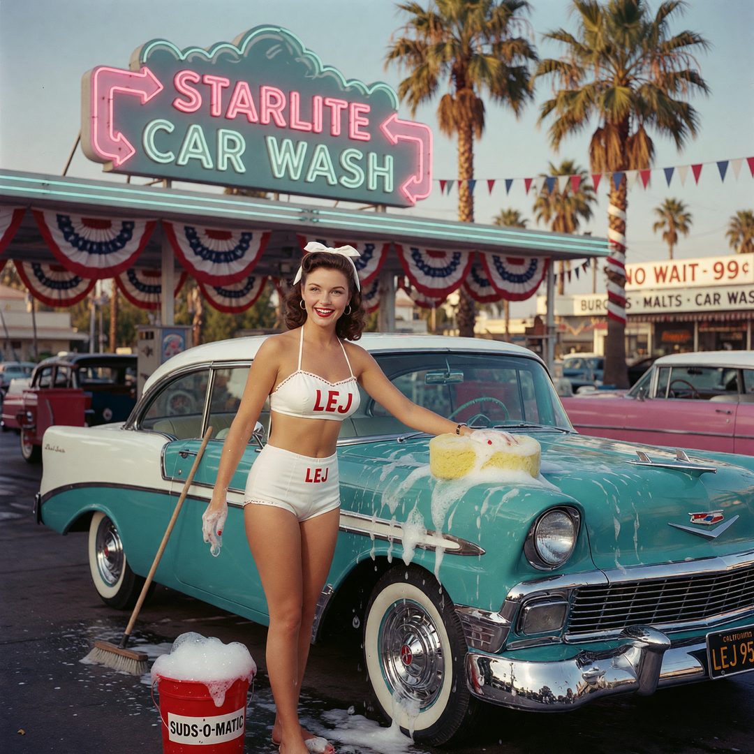 An LEJ girl washing a turquoise 1956 Chevy Bel Air at a drive-in, 1956.