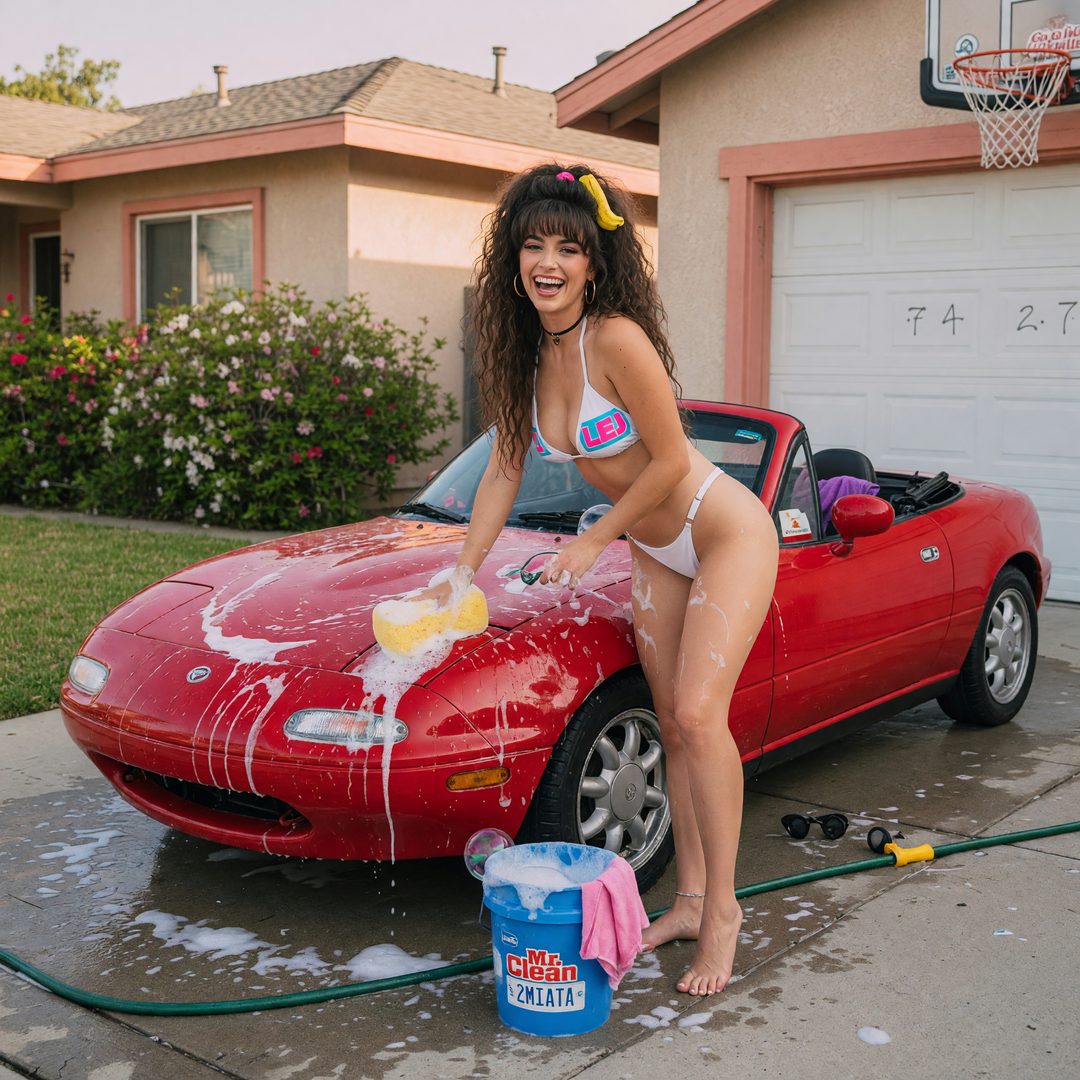 An LEJ girl washing a red Mazda Miata, 1993.