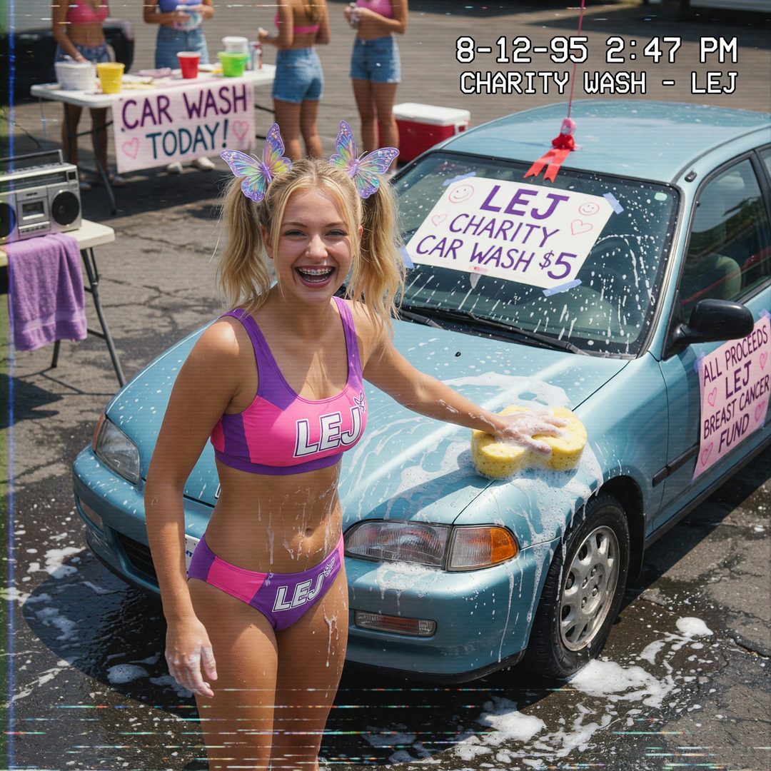 An LEJ girl washing a Honda Civic at a charity car wash, on camcorder, 1997.