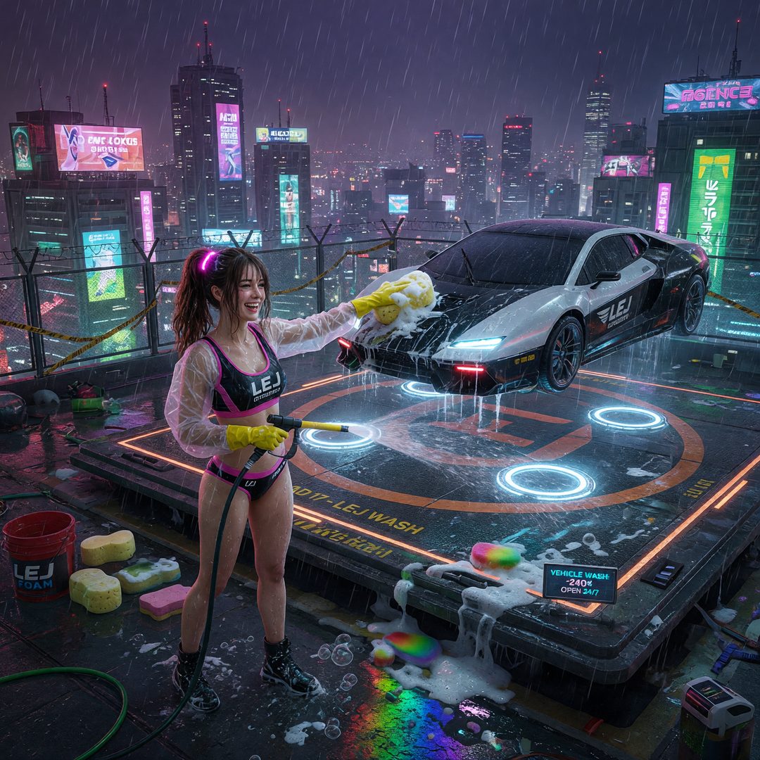 An LEJ girl washing a flying car on a neon rooftop pad, 2040.