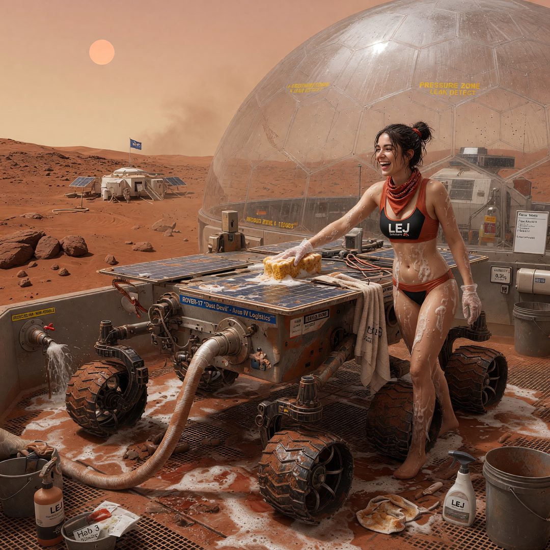 An LEJ girl washing a Mars rover inside a colony dome, 2050.