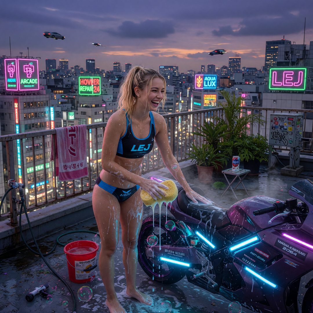 An LEJ girl washing a hover-bike on a Tokyo rooftop, 2065.
