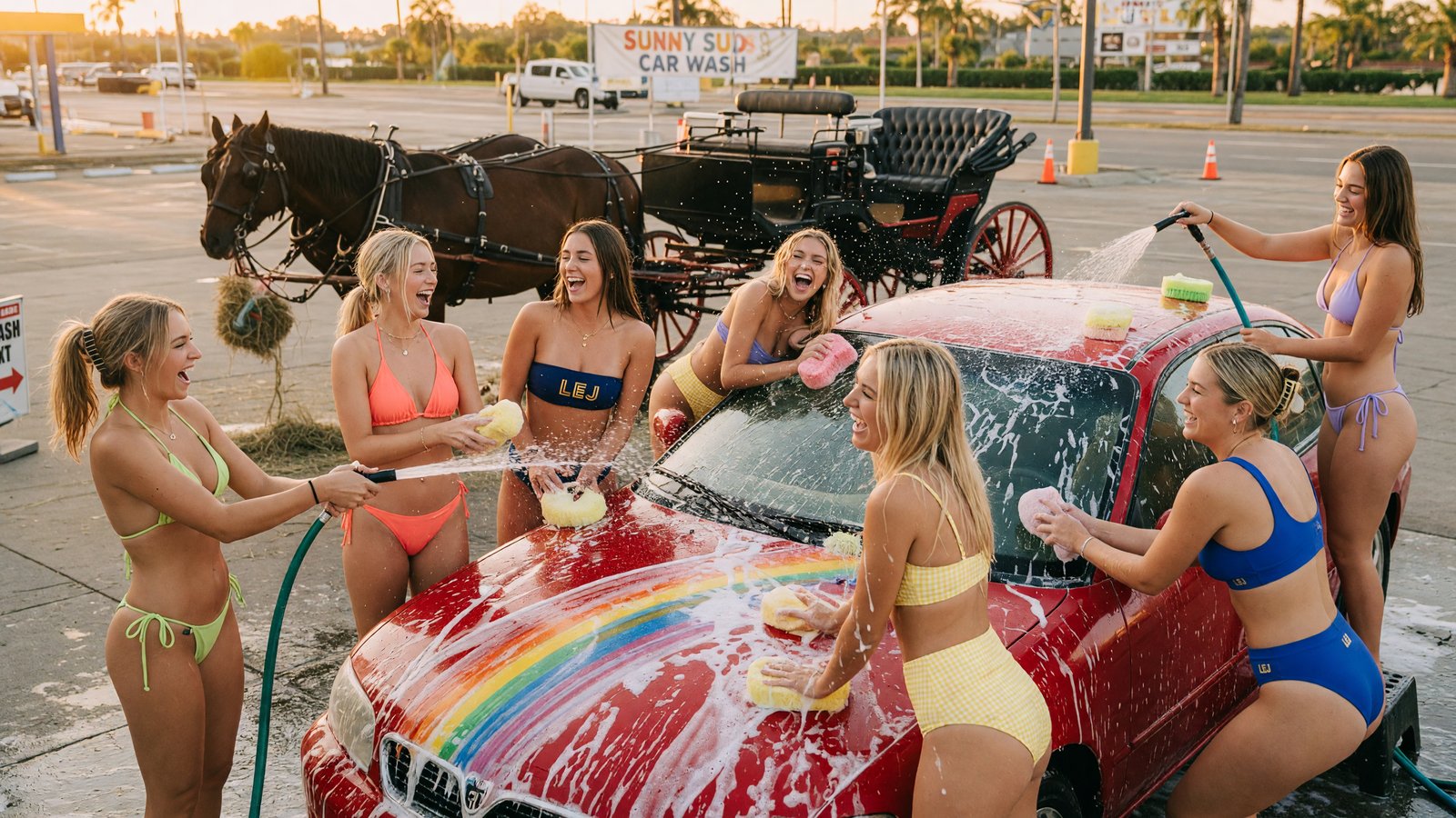 A LEJ girl in an LEJ-branded bikini laughing at a sunset car wash beside a soapy red convertible.
