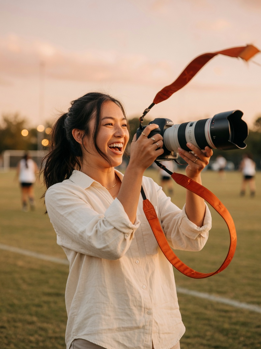 A sports photographer laughing as she fires a burst at golden hour.