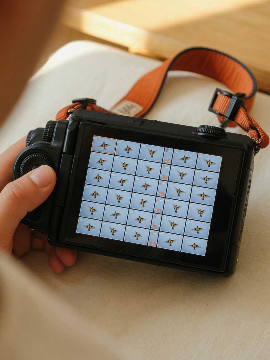 A camera LCD showing dozens of nearly identical burst frames.