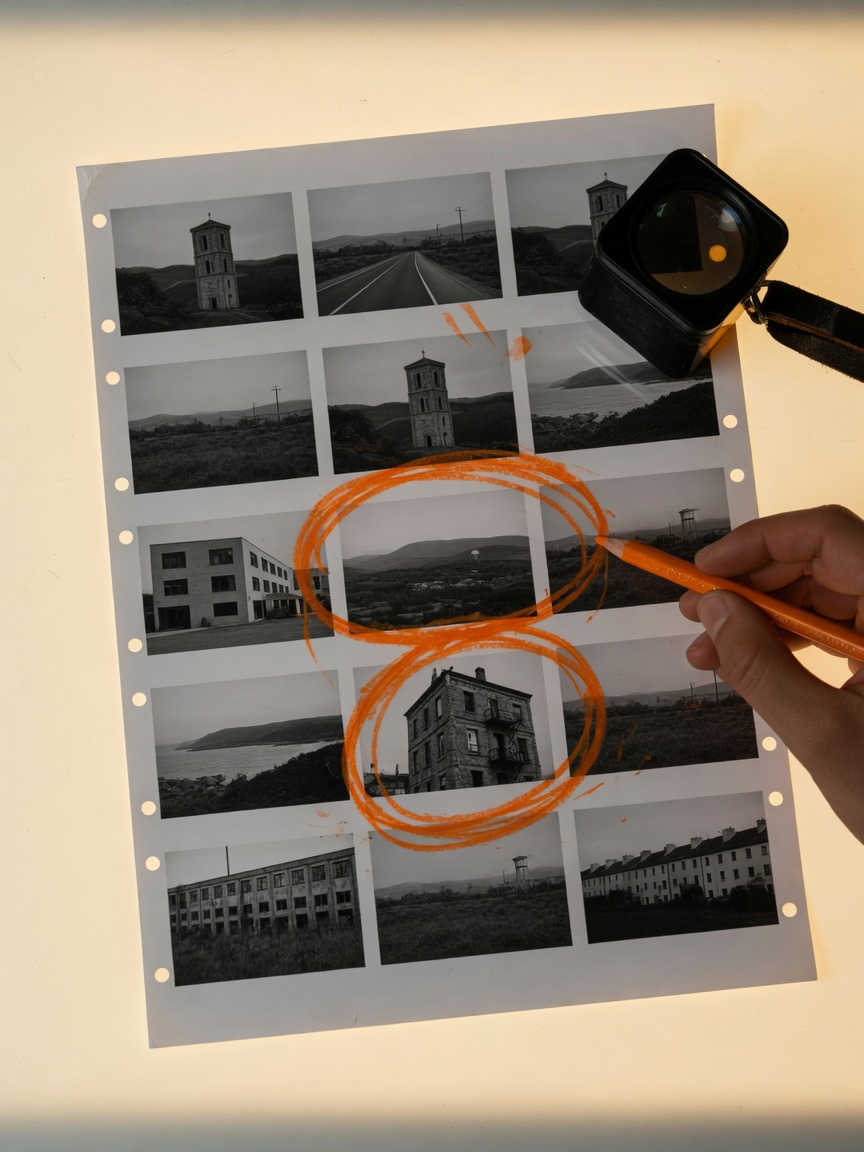 A hand circling two frames on a contact sheet with an orange grease pencil.