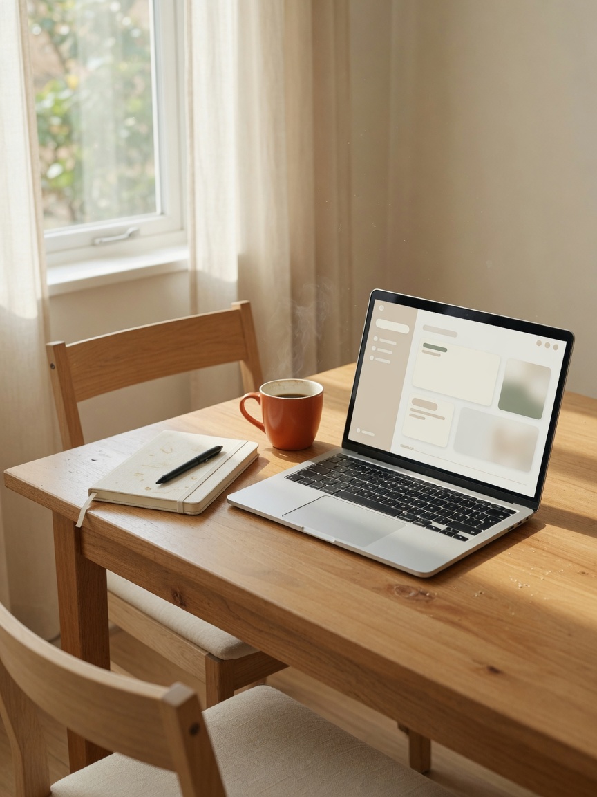 A laptop with a working interface facing an empty chair across a table.