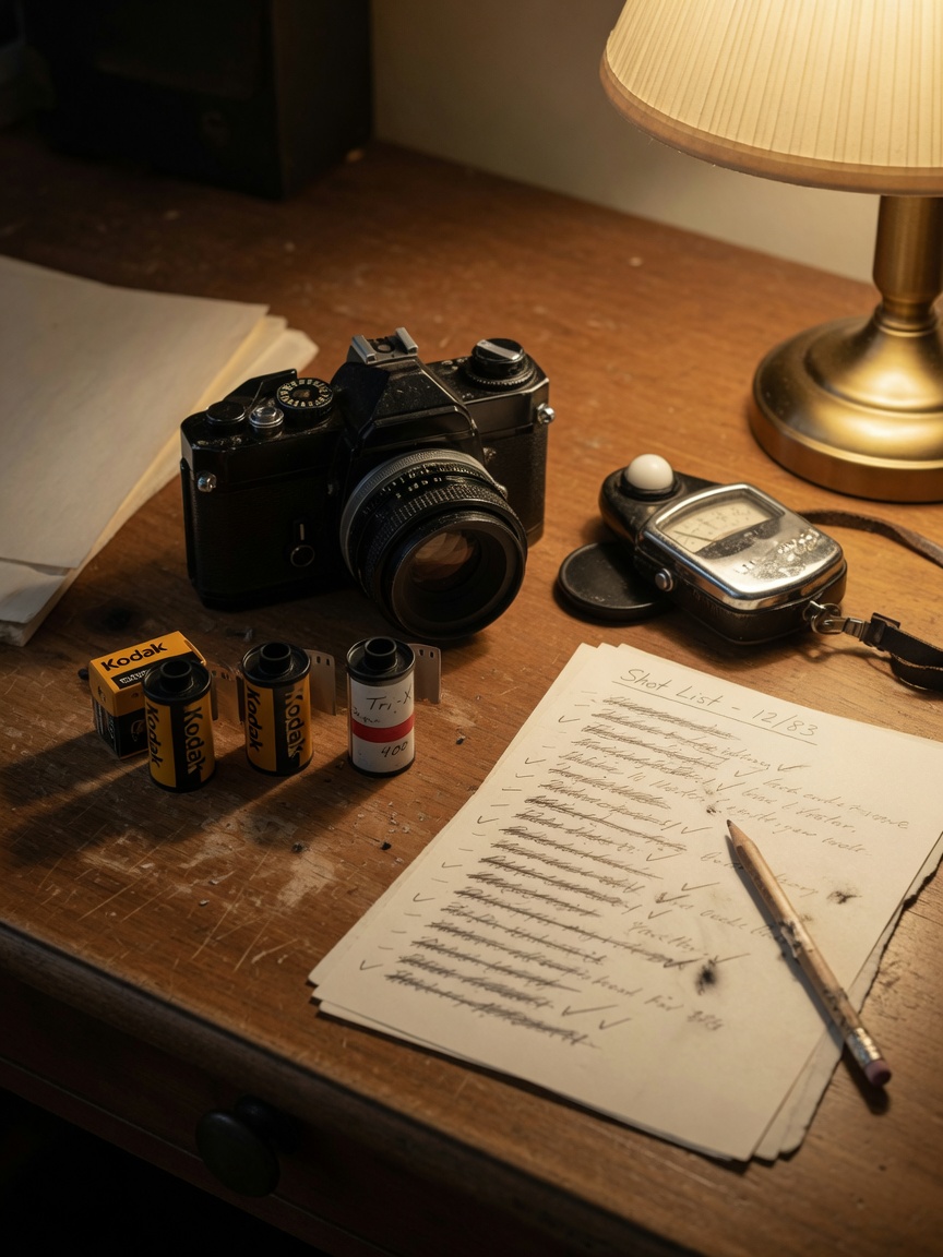 A film-era desk: SLR, light meter, three rolls, a shot list mostly crossed out.