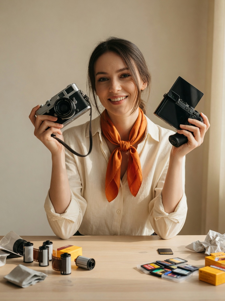 A photographer weighing a film camera and a digital camera, one in each hand.