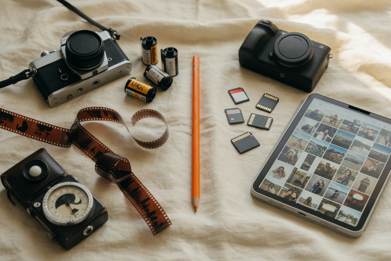 Flat lay: film era on the left, digital era on the right, divided by a grease pencil.