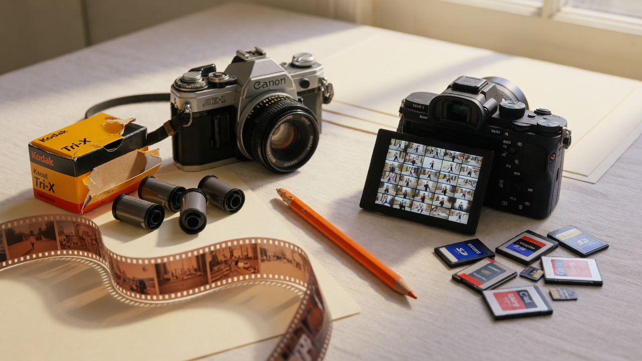 Film camera and digital burst side by side, an orange grease pencil between them.